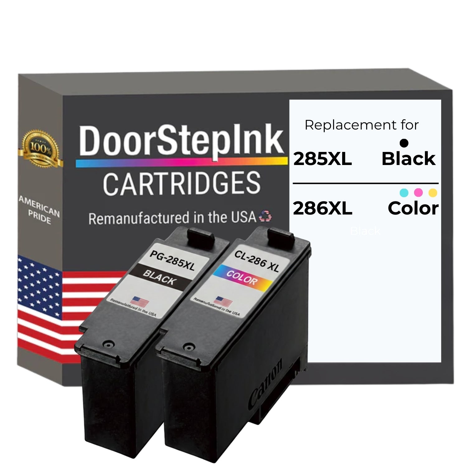 DoorStepInk Brand for Canon 285XL/286XL Black&Tri-Color Remanufactured in the USA Ink Cartridges-2 Pack