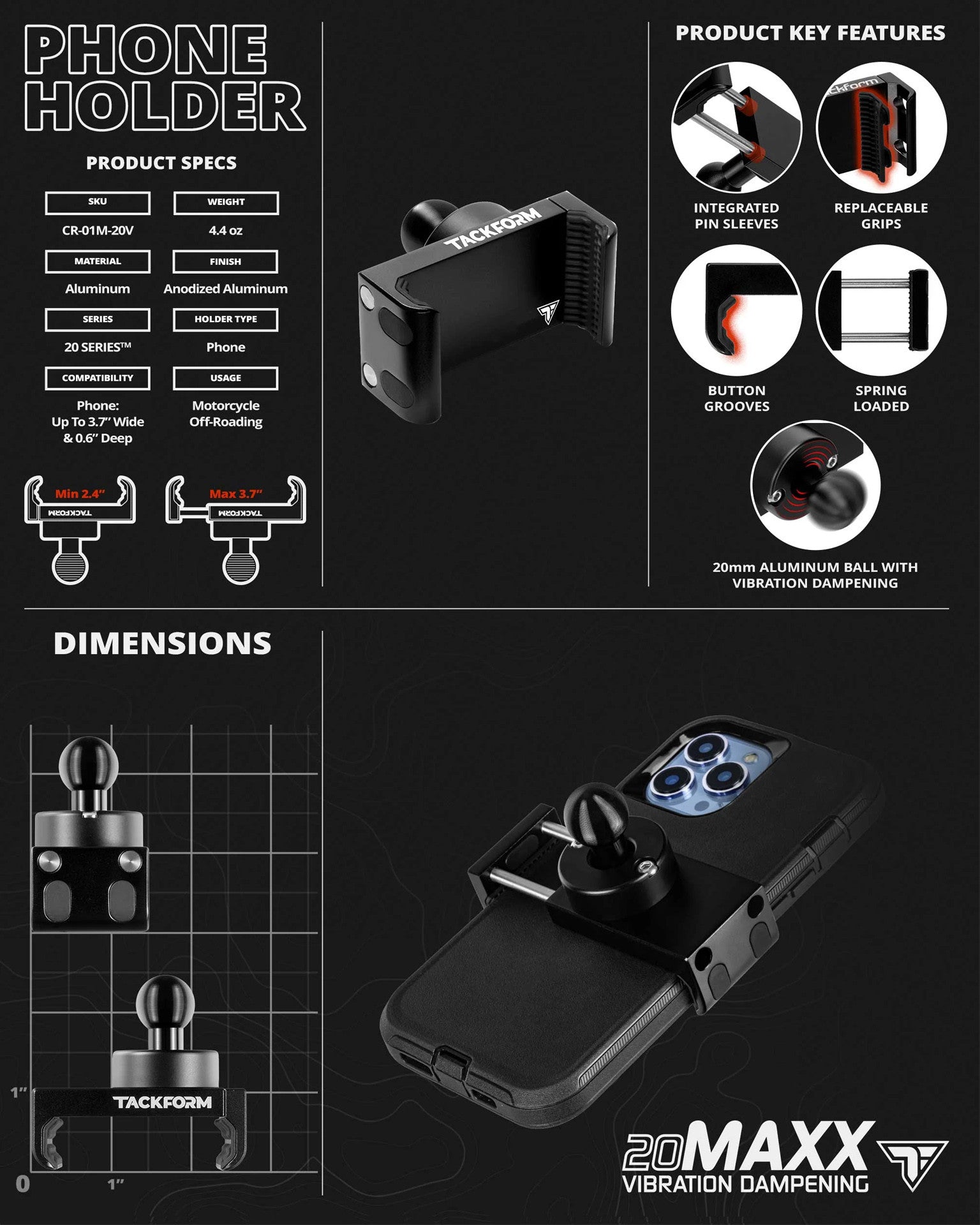 BLACK 20MAXX HIGH SPRING TENSION MOTORCYCLE CRADLE FOR IPHONE